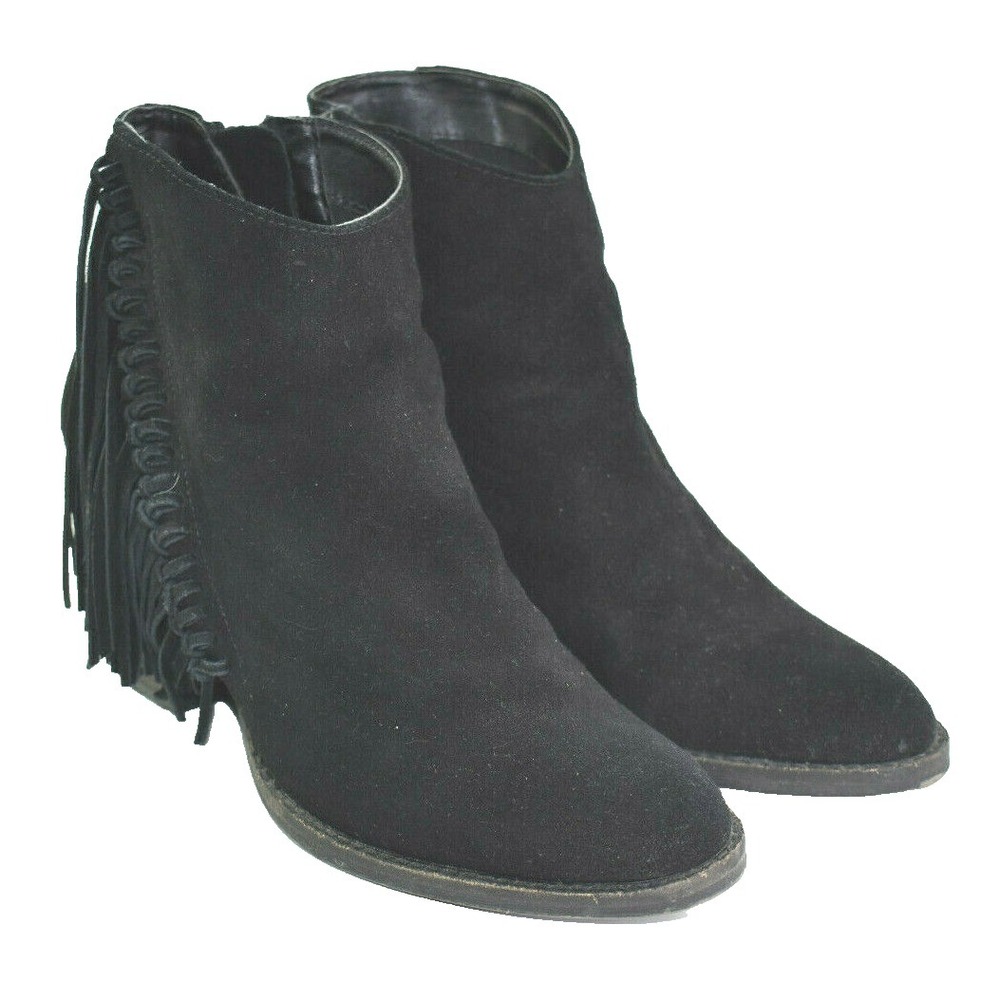 Steve Madden Flirt Women's Leather Fringe Western‎ Black Ankle Booties Zip Sz 7M